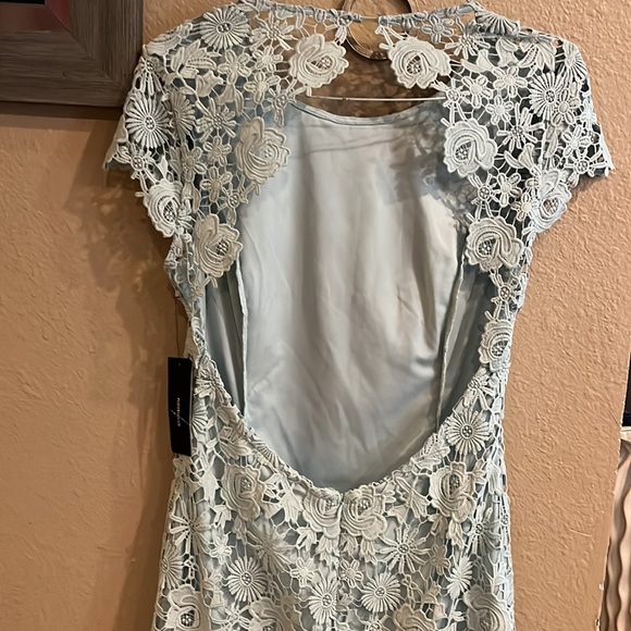 𝅺LULUS Romance Language light blue Backless Lace Dress NWT - Picture 10 of 12